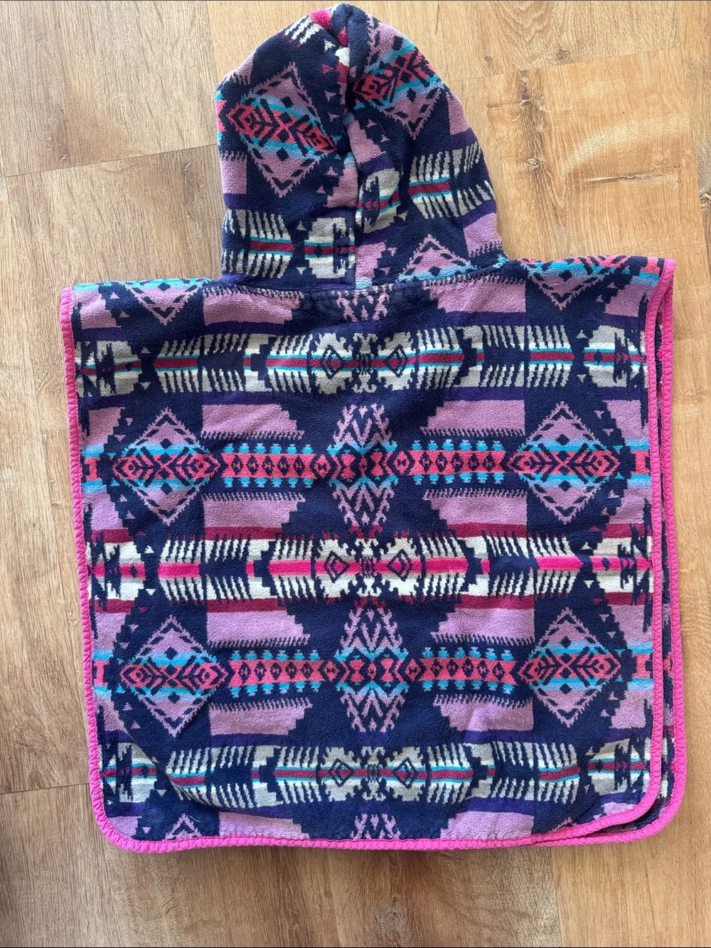 Pendleton Kids Hooded Poncho - Pink & Navy Aztec Print Beach Boho Girls western